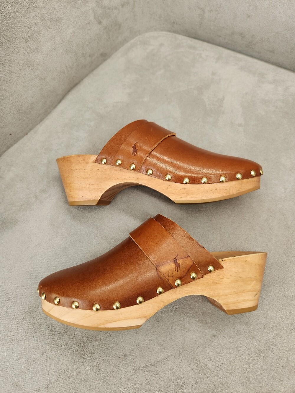 Polo Ralph Lauren Clogs 6 Brown Italian Leather Studs Pony Logo Boho Made Spain